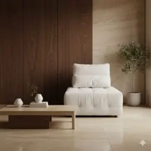 NECHEMIA מציע חלל מגורים מודרני ומינימליסטי עם כיסא מרופד לבן, שולחן קפה נמוך מעץ עם אגרטלים וספרים, עציץ, רצפת שיש בצבע בז' וקירות מחופים עץ ואבן בגוונים ניטרליים.