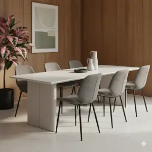 חדר אוכל מודרני עם שולחן מלבני לבן ALEX, שישה כיסאות אוכל מעור סינתטי אפור, עציץ, קירות מחופים עץ, יצירות אמנות מופשטות, וכדים וכלי אוכל קרמיים לבנים על השולחן.