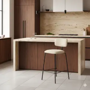 מטבח מודרני עם ארונות עץ, אי משיש בצבע בז', מנורות תלייה מינימליסטיות ושרפרף בר BAR ARSENAL עם ריפוד קל ורגליים שחורות. הקיר האחורי ומשטח העבודה מציגים מרקם אבן טבעי.