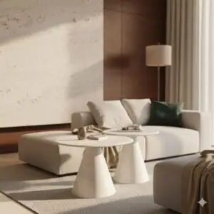 סלון מודרני עם ספה לבנה, כריות נוי ירוקות, סט שולחנות סלון 515516, מנורת רצפה ועיצוב ניטרלי. אור זורם מבעד לווילונות גבוהים ומדגיש את קירות העץ והאבן.