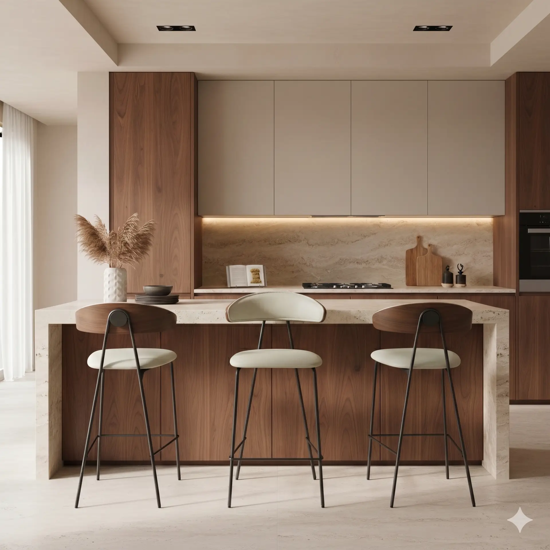 המטבח המודרני כולל אי מעץ של BAR NICOLA, שלושה כסאות בר, ארונות בצבע בז', תנור מובנה, וכן נגיעות דקורטיביות כמו אגרטל עם עשב מיובש וקרש חיתוך מעץ על משטח העבודה.