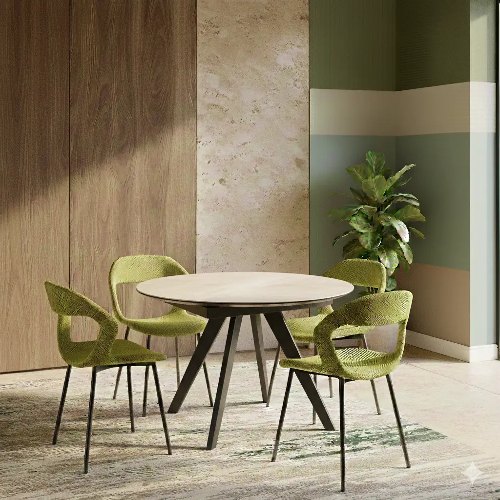 שולחן עץ עגול LOKO (פינת אוכל עגולה) עם ארבע כיסאות מודרניים בצבע ירוק עומד על שטיח מעוצב בחדר מואר. עציץ מקשט את הפינה, וקירות מחופים עץ בגוונים מרגיעים של ירוק ובז'.