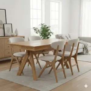 פינת אוכל מוארת הכוללת שולחן מעץ בהיר של DALI וארבע כיסאות מרופדים על שטיח אפור. חלונות גדולים מספקים אור טבעי, בעוד מזנון, תמונות ממוסגרות וצמח מוסיפים נגיעות דקורטיביות ברקע.