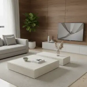 סלון מודרני עם ספה אפורה, שולחן סלוני פלור בצבע לבן, עציץ, טלוויזיה על קיר מחופה עץ וקישוט ניטרלי על קונסולת מדיה לבנה. אור השמש חודר מבעד לחלון עם וילונות לבנים.