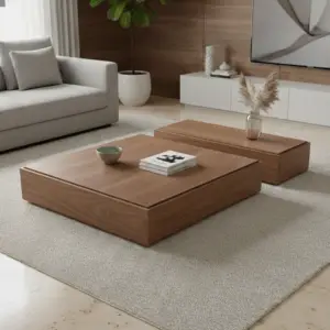 סלון מודרני עם ספה אפורה בהירה, שולחן סלוני פלור כ שולחן קפה מעץ מסוגנן על שטיח בז' מרקם, צמח בפינה, ופריטי נוי המונחים על השולחן ועל המדפים הסמוכים.