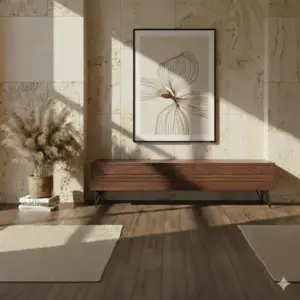 פנים מודרני עם קירות שיש בצבע חום בהיר, מזנון עץ שחור לסלון, ציור קווי מופשט, אגרטל עם צמחים מיובשים נוציים ושני שטיחים בצבע בז' על רצפת עץ כהה. אור השמש מטיל צללים עדינים על הסצנה.