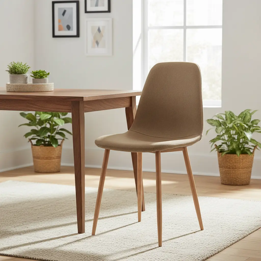 ה-DOUBLE, כיסא חום מודרני בהשראת כסאות נוחים לפינת אוכל עם רגלי עץ, ניצב לצד שולחן עץ בחדר מואר עם עציצים, תמונות ממוסגרות על הקירות ושטיח בהיר על רצפת עץ.
