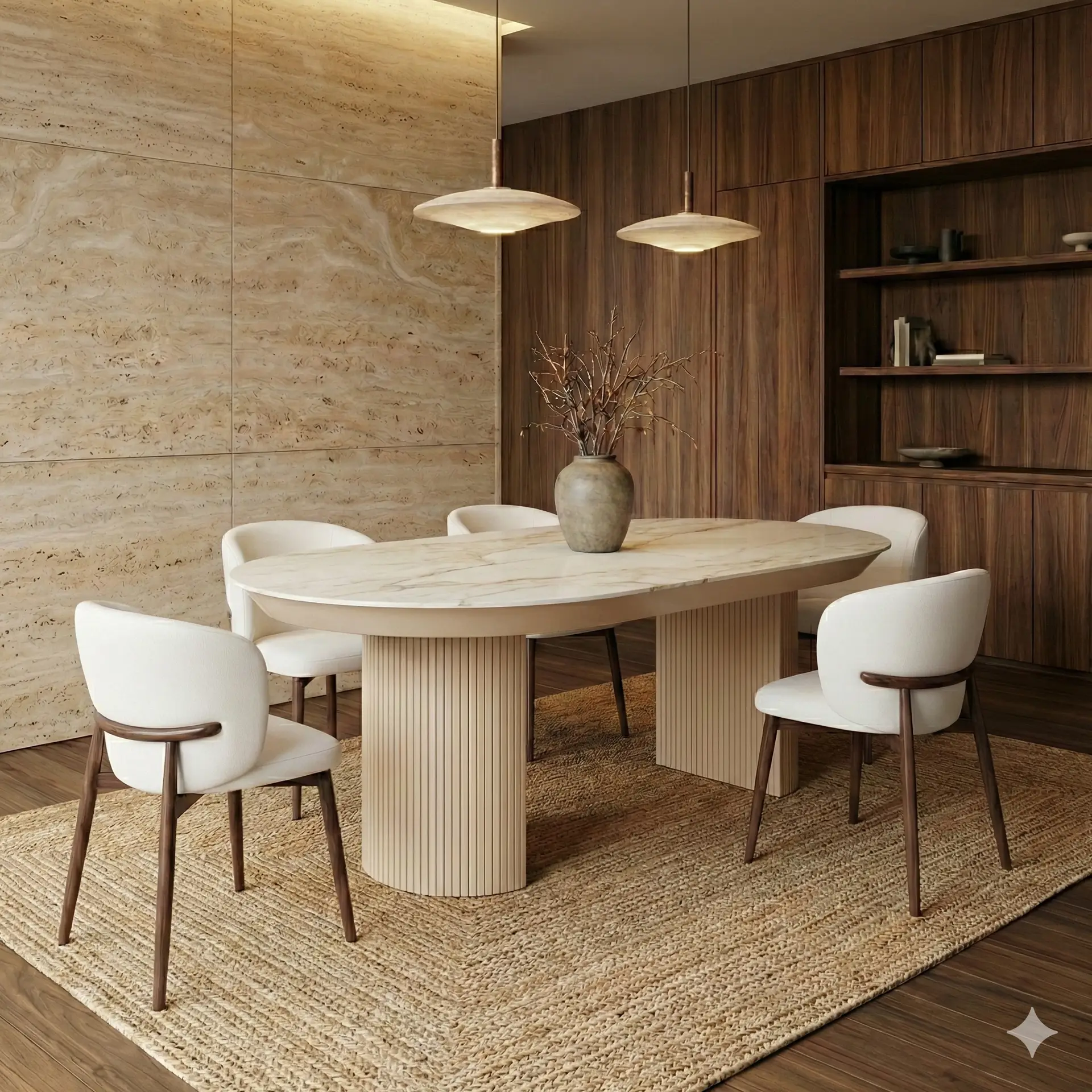 חדר אוכל מודרני הכולל שולחן BETI פינת אוכל דמוי שיש לבן, שש כיסאות מרופדים בלבן, שטיח ארוג, קירות מחופים עץ, מדפים מובנים, שתי מנורות תלייה מעל השולחן ואגרטל עם ענפים במרכזו.