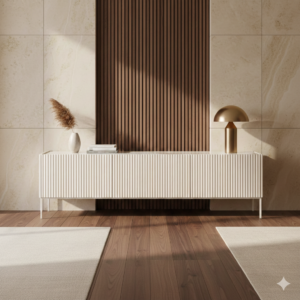 חלל מגורים מודרני ומינימליסטי עם מזנון לבן מחורץ של CALL, מנורה מוזהבת, אגרטל עם עשב מיובש, ערימת ספרים, ורקע של אריחי אבן בצבע בז' וקרשי עץ אנכיים על הקיר.