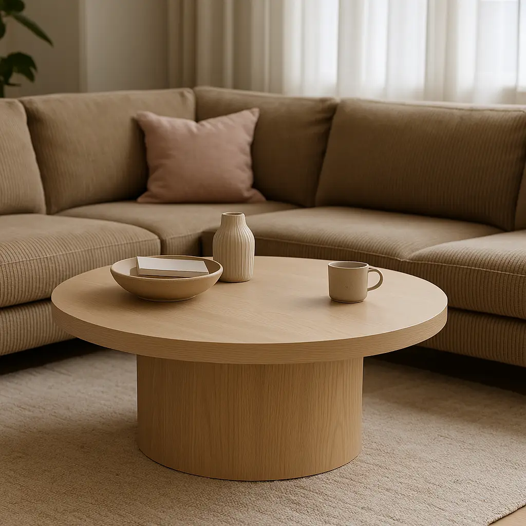 שולחן קפה עגול מעץ עם אגרטל, קערה וספל מונח על שטיח בהיר מול ספה בצבע בז' עם כרית ורודה בסלון מודרני מואר באור רך.
