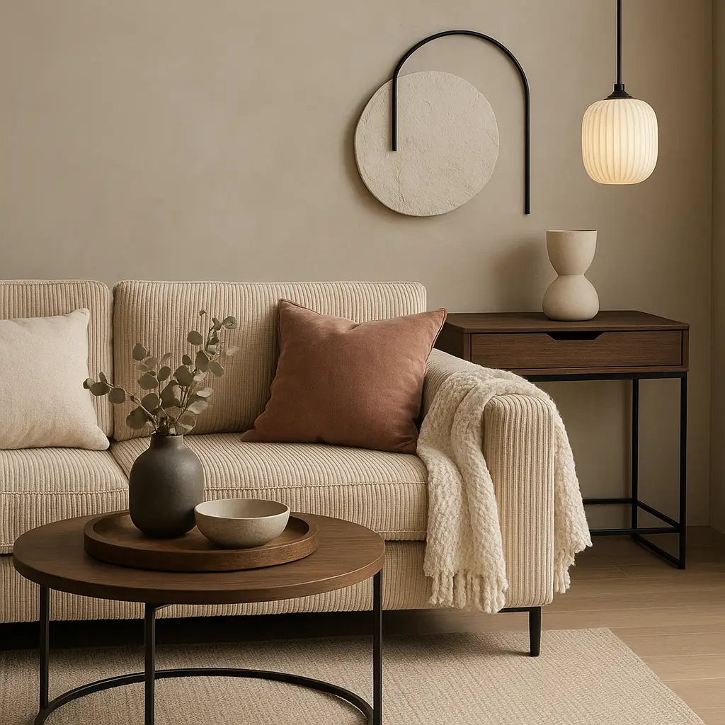 סלון מודרני עם ספה בצבע בז', כריות בצבע חלודה ושמנת, כיסוי שמיכה בצבע קרם, שולחן קפה עגול מעץ עם אגרטלים, שולחן צד מעץ, אמנות קיר אבסטרקטית ומנורת תליון תלויה על קיר ניטרלי.