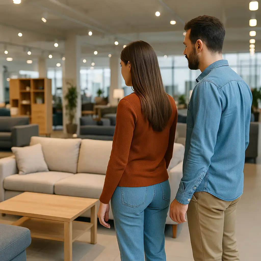 אישה וגבר עומדים זה לצד זו בחנות רהיטים מרווחת, מתפעלים מספה בהירה ושולחן קפה. החנות המוארת מציגה מגוון רהיטים מרופדים.