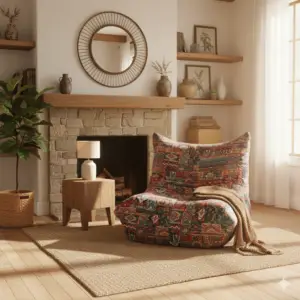 סלון נעים עם כורסה מעוצבת, שמיכה, שולחן עץ קטן עם מנורה, אח אבן, מראה עגולה, צמחי בית ואור שמש הזורם מבעד לחלונות גדולים.