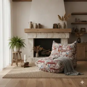 בסלון הנעים יש כיסא פוף עם דוגמת BONY, כורסה מעוצבת מעץ, שמיכת סריג אפורה, שטיח ארוג, אח כפרי, קישוטים מקרמיקה, שרך בעציץ, צמחים מיובשים ואור טבעי החודר מבעד לווילונות שקופים.