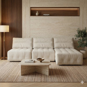 סלון מודרני עם ספה פינתית בצבע בז' מבית JHONATHAN במבצע, שטיח מרקם, שולחן קפה גיאומטרי, מנורת רצפה, צמח קטן ועיצוב מינימליסטי על קירות מחופים עץ ואבן.