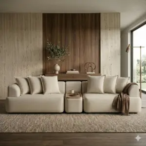 בסלון מודרני ניתן למצוא שתי ספות בצבע בז', כריות בהירות, שמיכה חומה, שולחן מרכזי, שטיח ארוג וקישוטים מעץ על קיר אחד. שדרגו את החלל שלכם עם ספת הפינה SOLTANA לנוחות מרבית. אור טבעי ממלא את החדר.