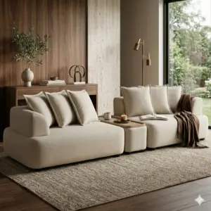 סלון מודרני עם ספה מודולרית מדגם "פנוי פנוי פנוי", כורסאות בצבע בז', שמיכה חומה, שולחן קפה עם נרות, שטיח בעל מרקם וקיר דקורטיבי מעץ. חלונות גדולים חושפים את הצמחייה השופעת שבחוץ.