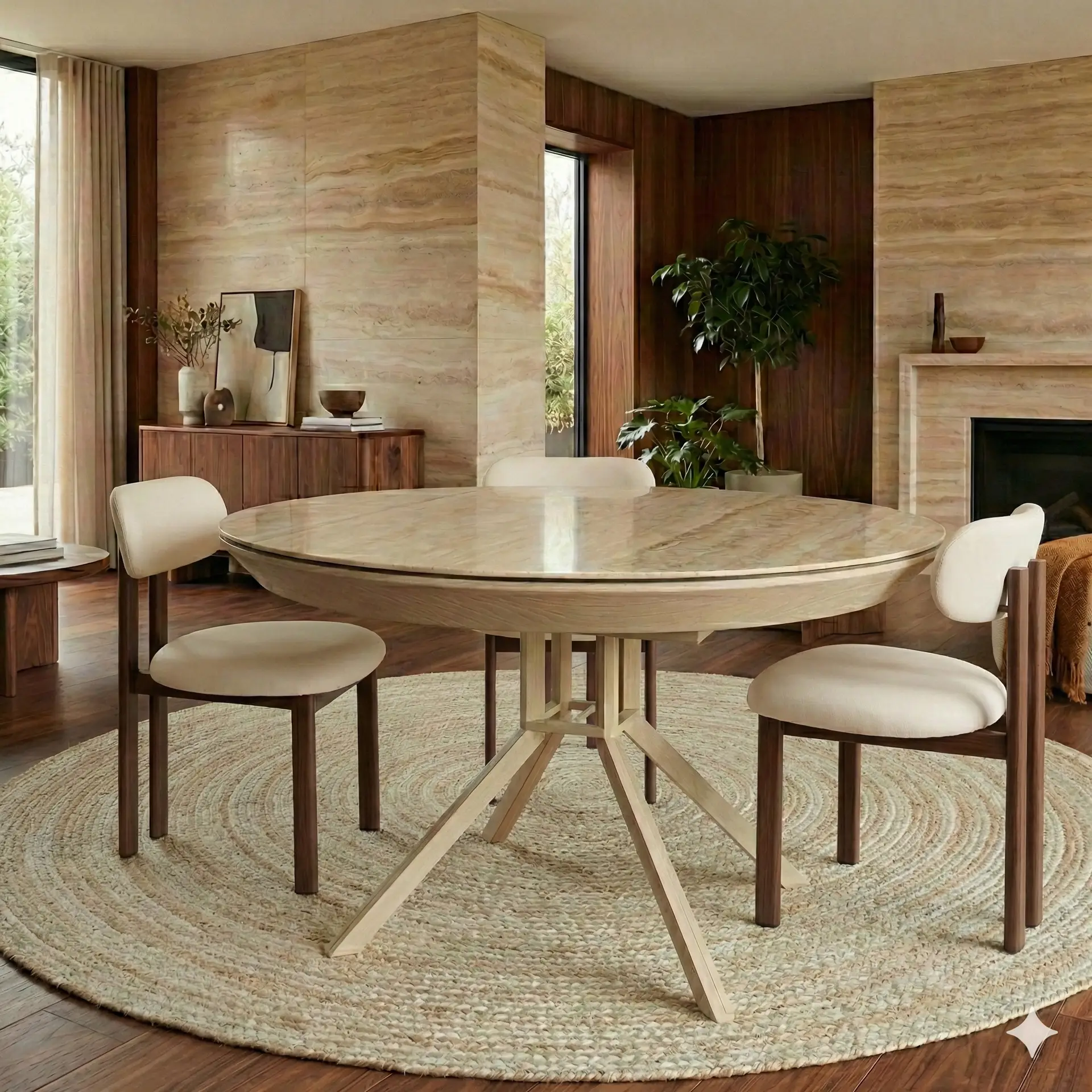 שולחן עץ עגול עם ארבעה כיסאות מרופדים ניצב על שטיח עגול ארוג בסלון מודרני עם קירות מחופים עץ, עציץ ואח ברקע.