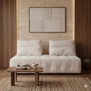 סלון מינימליסטי עם ספה מרופדת לבנה, שולחן קפה מעץ שעליו מונחים ספרים וכוס, שטיח מרקם, קירות מחופים עץ ויצירת אמנות מופשטת גדולה ממוסגרת מעל הספה.