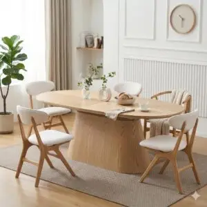 חדר אוכל מודרני עם שולחן עץ סגלגל בהיר, ארבעה כיסאות לבנים מרופדים, שטיח בצבע בז', עציץ ירוק ועיצוב מינימליסטי הכולל אגרטלים, ספרים ושעון קיר. אור טבעי רך ממלא את החלל.