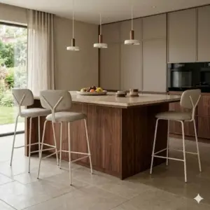 מטבח מודרני עם אי עץ גדול, שלושה כסאות בר מדגם BAR ARSENAL (העתק), מנורות תלייה, ארונות מובנים, תנור שחור, קערת פירות על השיש, וחלונות גדולים עם וילונות שקופים המשקיפים על הגינה.